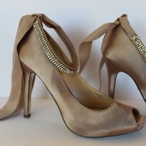 Nina Champagne Crystal Ankle Strap Heels - Size 7.